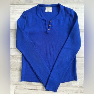 Vintage Ardee Cobalt Blue Ribbed Henley Sweater XS 70s 80s Made in Hong Kong
